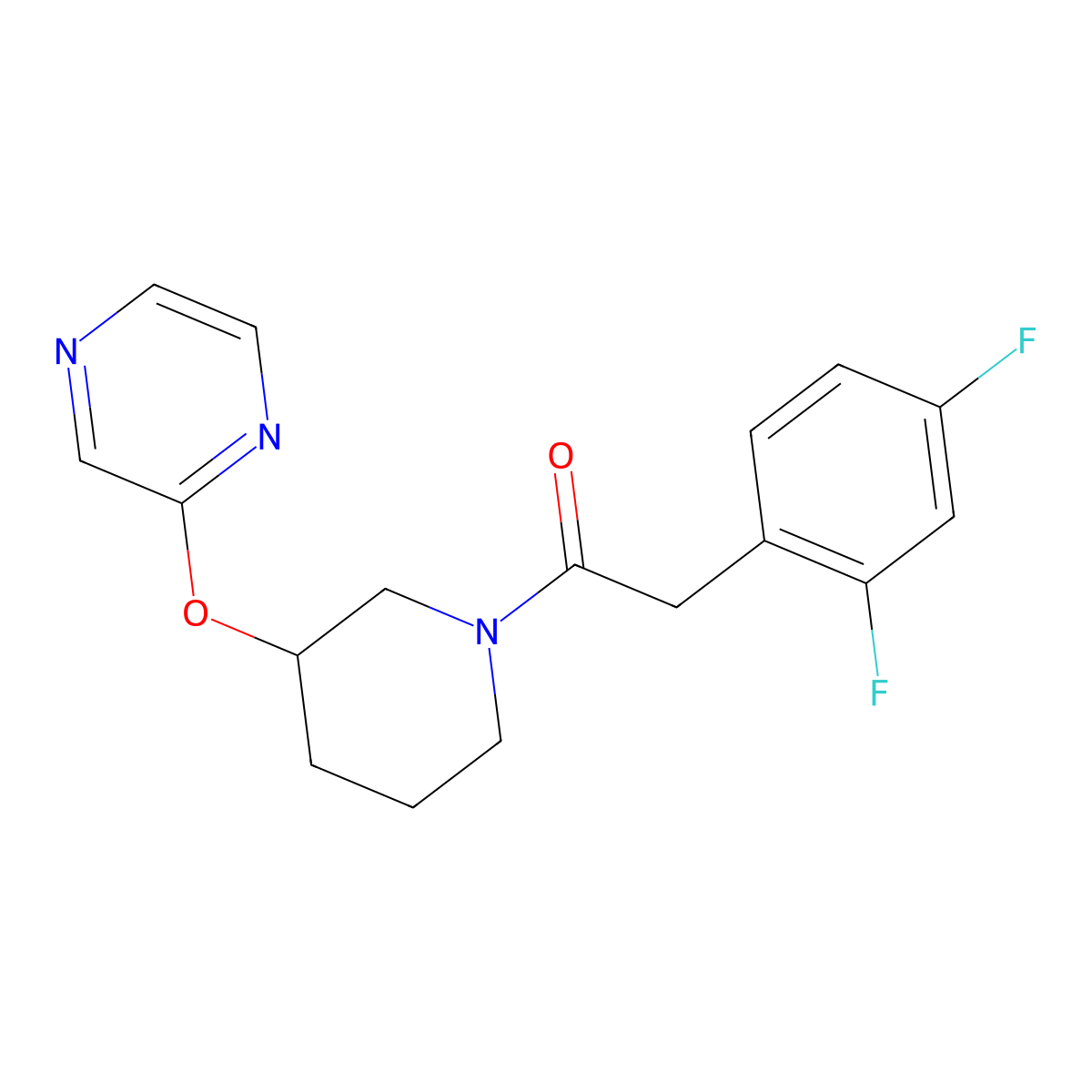 2-(2,4-Difluorophenyl)-1-(3-(pyrazin-2-yloxy)piperidin-1-yl)ethanone molecular structure, CAS 2034502-20-8