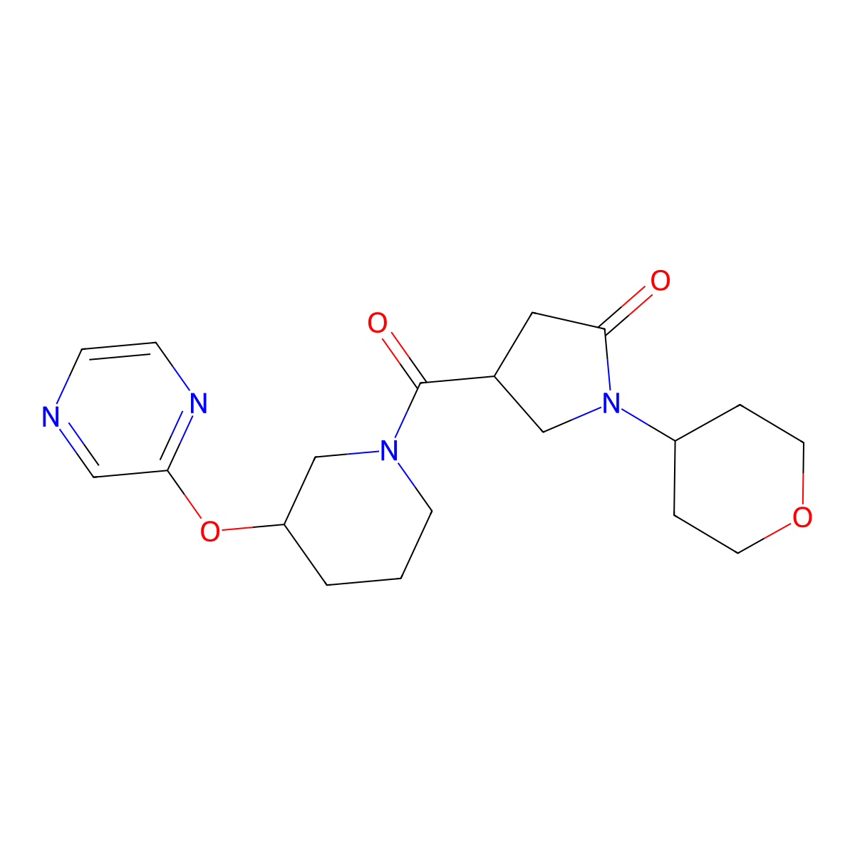 4-(3-(pyrazin-2-yloxy)piperidine-1-carbonyl)-1-(tetrahydro-2H-pyran-4-yl)pyrrolidin-2-one molecular structure, CAS 2034502-25-3
