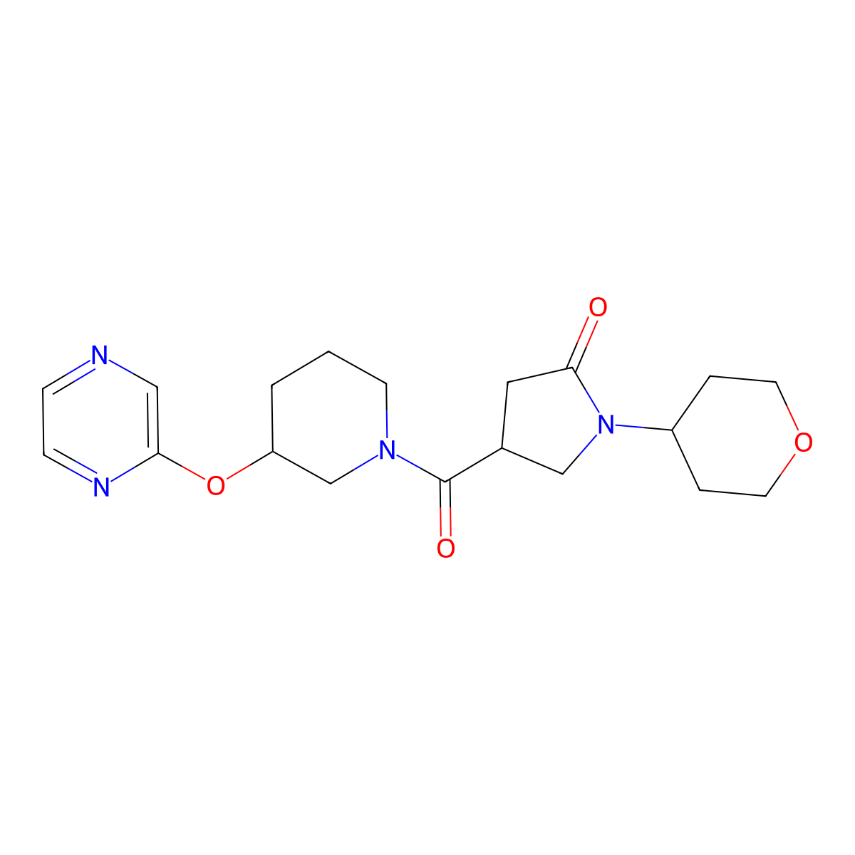 4-(3-(pyrazin-2-yloxy)piperidine-1-carbonyl)-1-(tetrahydro-2H-pyran-4-yl)pyrrolidin-2-one molecular structure, CAS 2034502-25-3