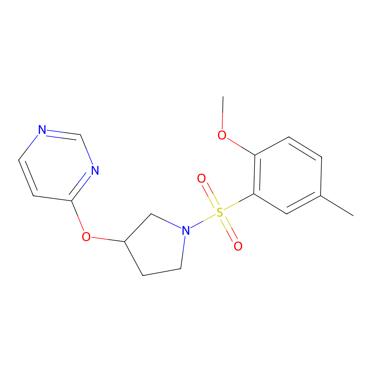 4-((1-((2-Methoxy-5-methylphenyl)sulfonyl)pyrrolidin-3-yl)oxy)pyrimidine molecular structure, CAS 2034502-55-9