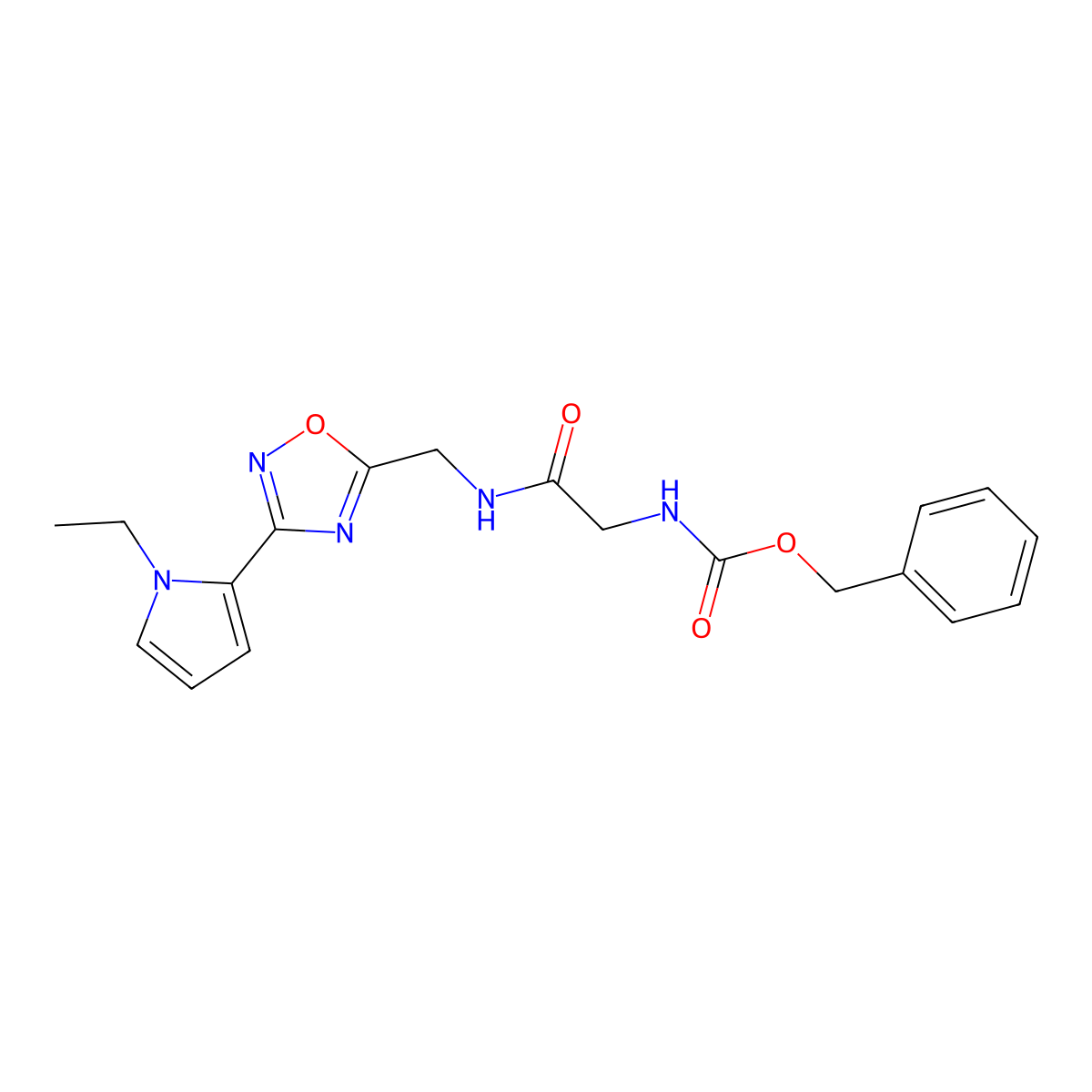 benzyl (2-(((3-(1-ethyl-1H-pyrrol-2-yl)-1,2,4-oxadiazol-5-yl)methyl)amino)-2-oxoethyl)carbamate molecular structure, CAS 2034502-64-0