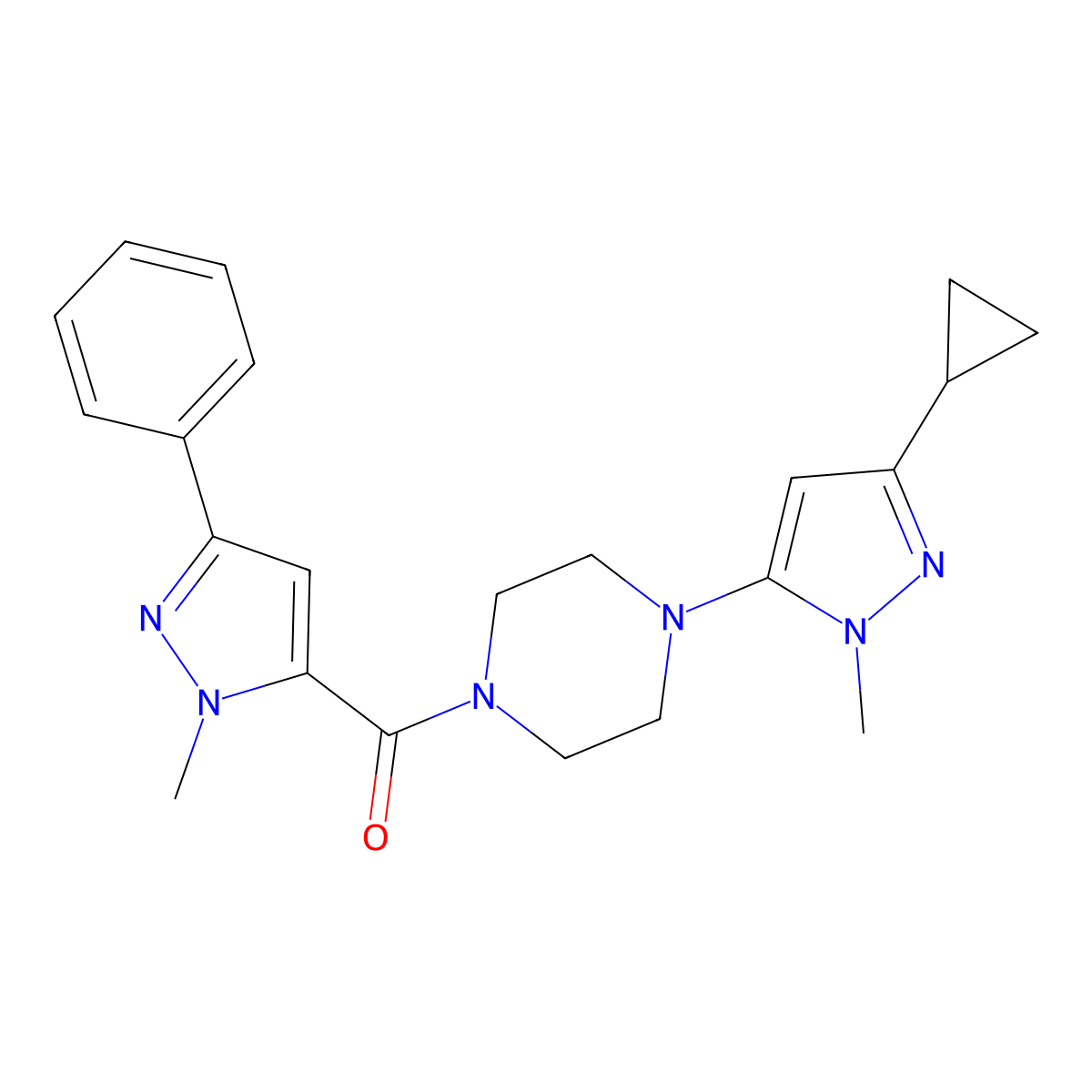 (4-(3-cyclopropyl-1-methyl-1H-pyrazol-5-yl)piperazin-1-yl)(1-methyl-3-phenyl-1H-pyrazol-5-yl)methanone molecular structure, CAS 2034502-83-3