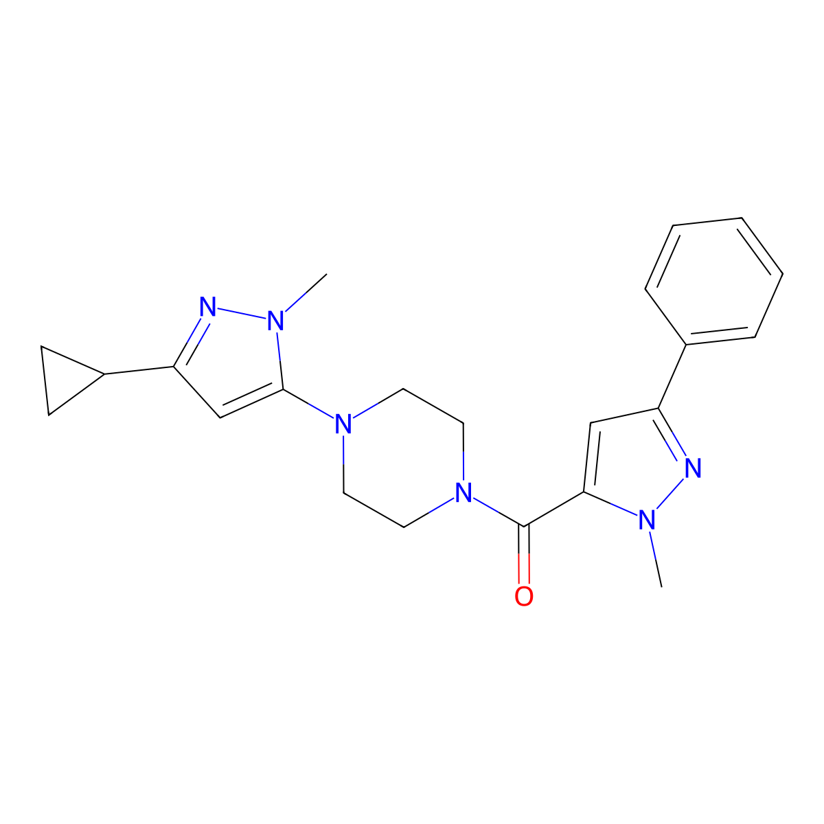 (4-(3-cyclopropyl-1-methyl-1H-pyrazol-5-yl)piperazin-1-yl)(1-methyl-3-phenyl-1H-pyrazol-5-yl)methanone molecular structure, CAS 2034502-83-3