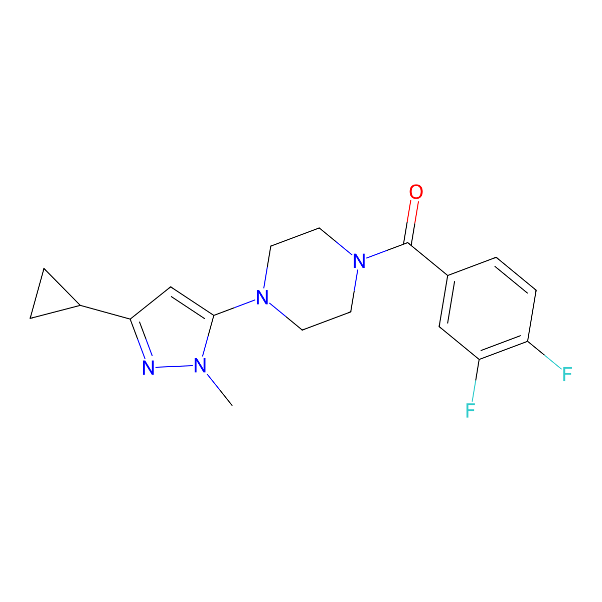 (4-(3-cyclopropyl-1-methyl-1H-pyrazol-5-yl)piperazin-1-yl)(3,4-difluorophenyl)methanone molecular structure, CAS 2034502-89-9