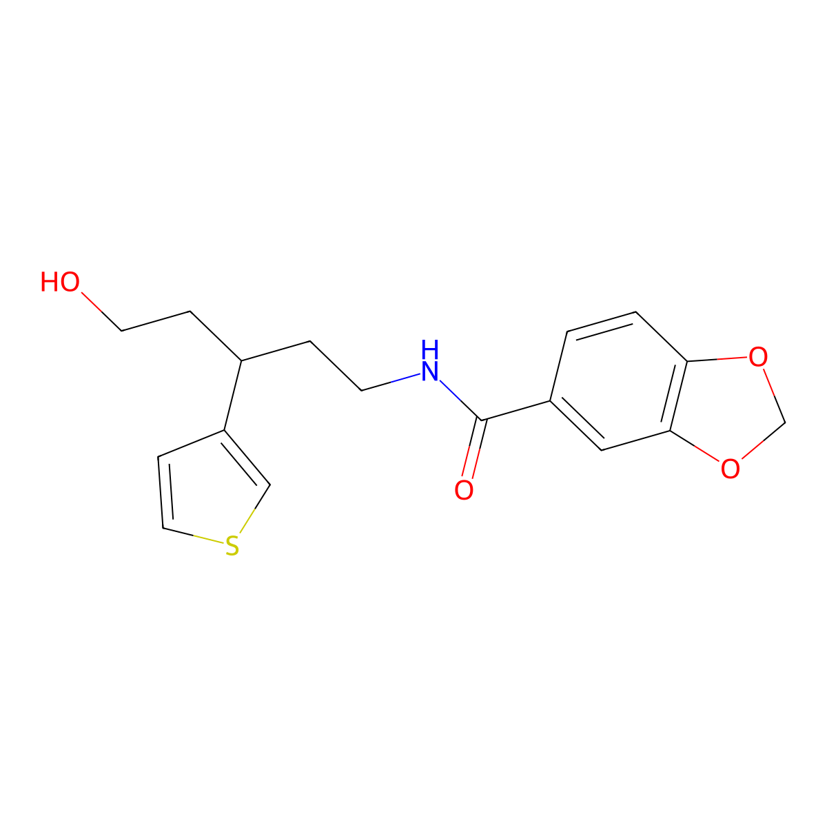 N-(5-hydroxy-3-(thiophen-3-yl)pentyl)benzo[d][1,3]dioxole-5-carboxamide molecular structure, CAS 2034503-07-4