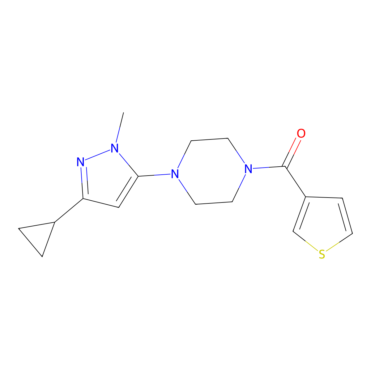 (4-(3-cyclopropyl-1-methyl-1H-pyrazol-5-yl)piperazin-1-yl)(thiophen-3-yl)methanone molecular structure, CAS 2034503-10-9