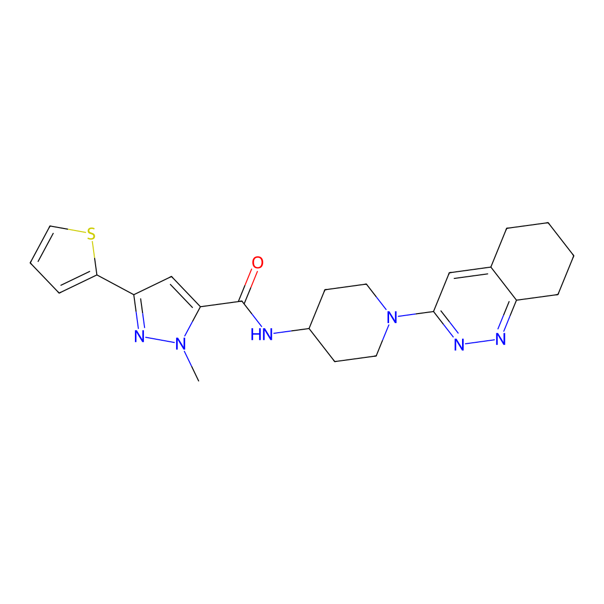 1-methyl-N-(1-(5,6,7,8-tetrahydrocinnolin-3-yl)piperidin-4-yl)-3-(thiophen-2-yl)-1H-pyrazole-5-carboxamide molecular structure, CAS 2034503-17-6