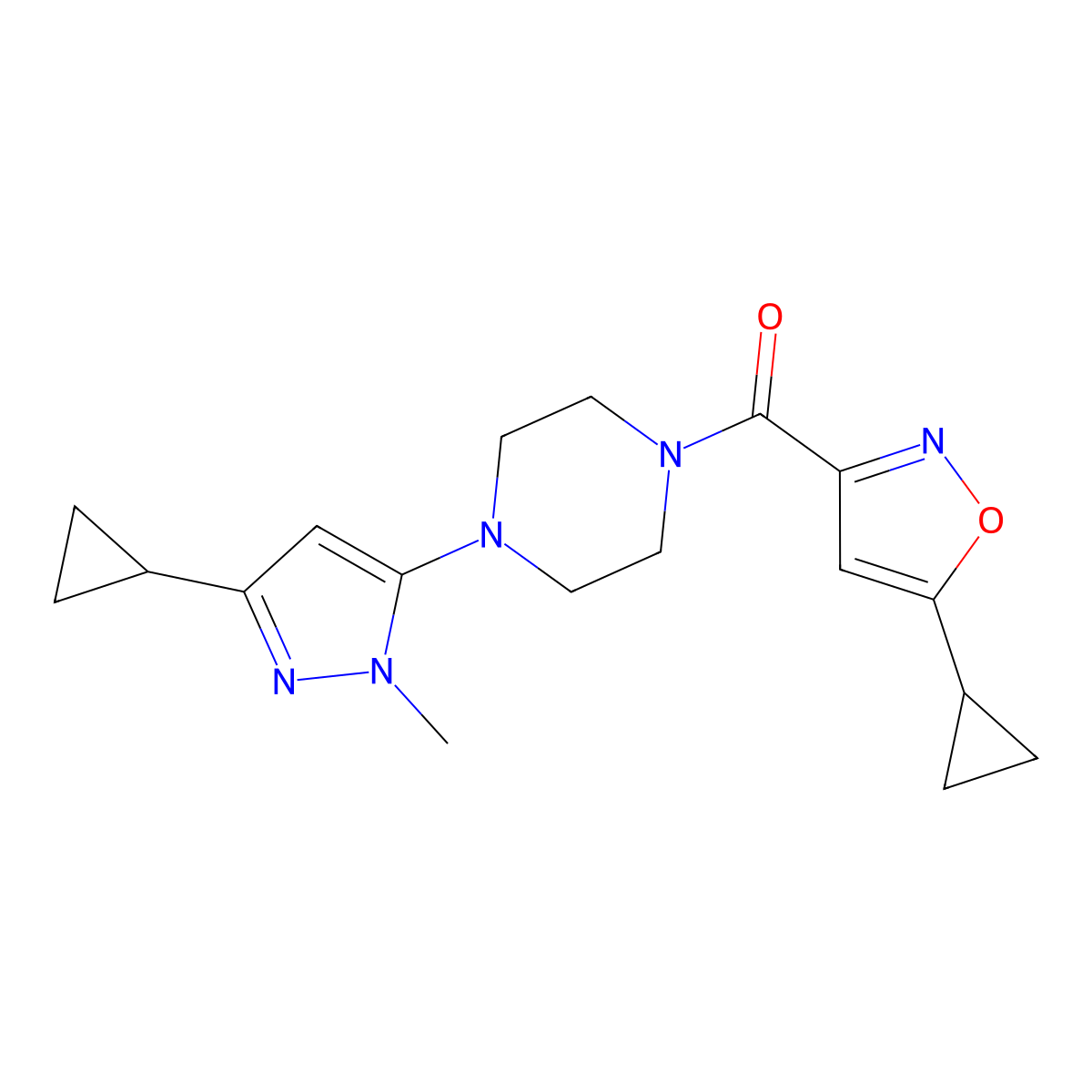 (4-(3-cyclopropyl-1-methyl-1H-pyrazol-5-yl)piperazin-1-yl)(5-cyclopropylisoxazol-3-yl)methanone molecular structure, CAS 2034503-25-6