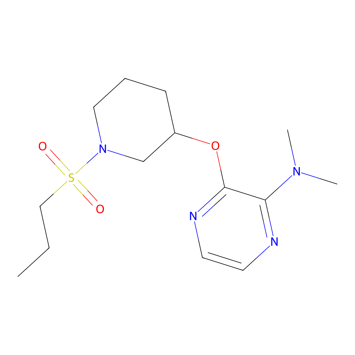 N,N-dimethyl-3-((1-(propylsulfonyl)piperidin-3-yl)oxy)pyrazin-2-amine molecular structure, CAS 2034503-27-8