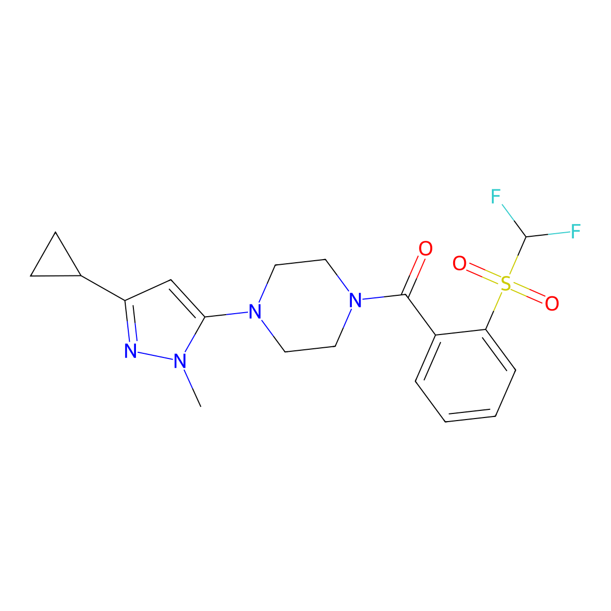 (4-(3-cyclopropyl-1-methyl-1H-pyrazol-5-yl)piperazin-1-yl)(2-((difluoromethyl)sulfonyl)phenyl)methanone molecular structure, CAS 2034503-36-9