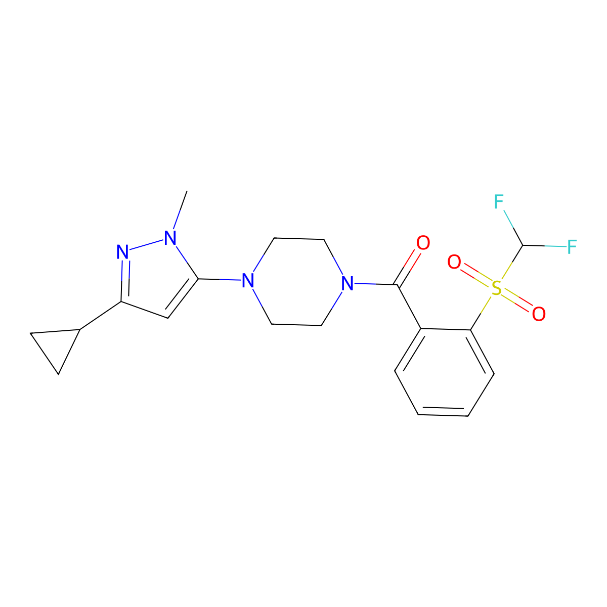 (4-(3-cyclopropyl-1-methyl-1H-pyrazol-5-yl)piperazin-1-yl)(2-((difluoromethyl)sulfonyl)phenyl)methanone molecular structure, CAS 2034503-36-9