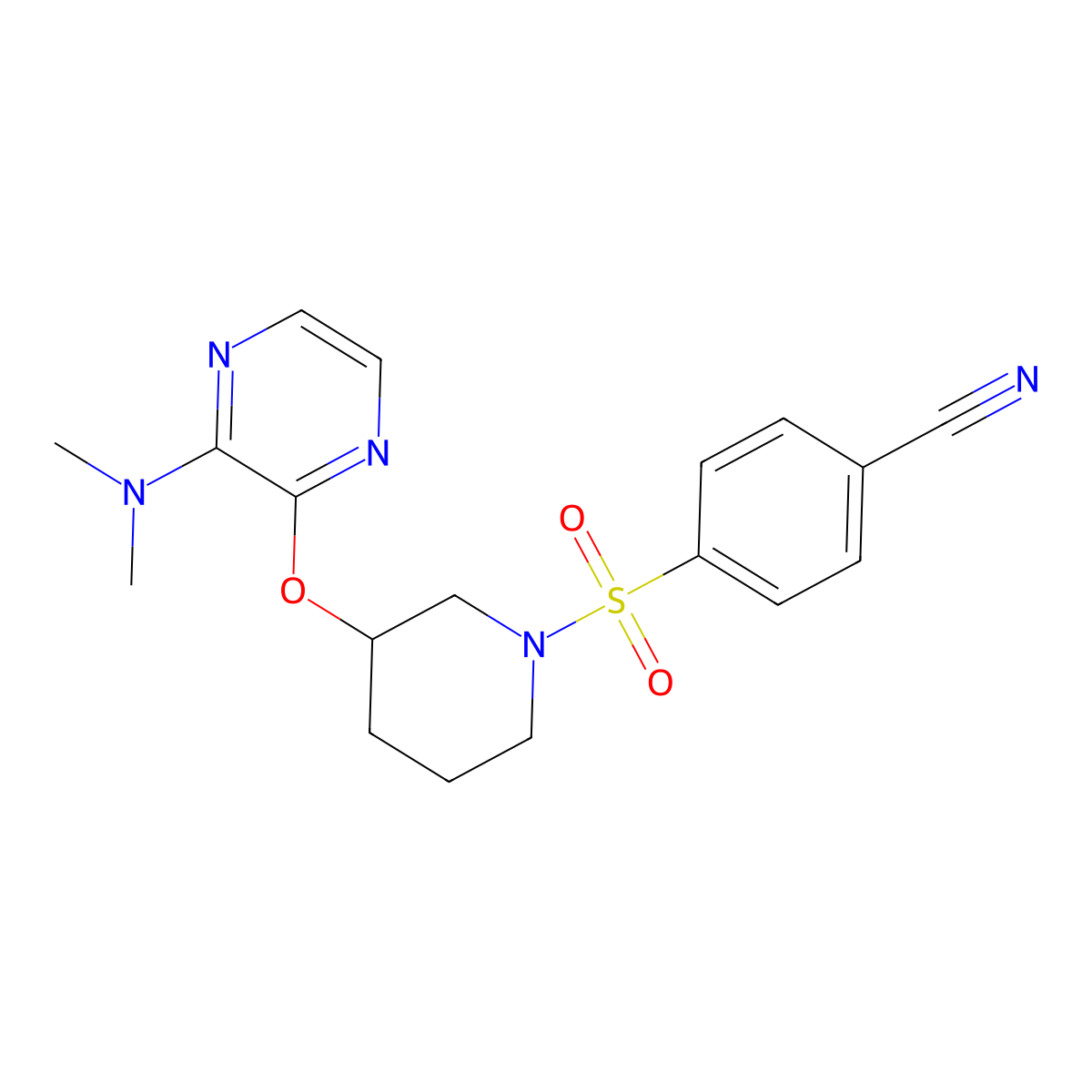 4-((3-((3-(Dimethylamino)pyrazin-2-yl)oxy)piperidin-1-yl)sulfonyl)benzonitrile molecular structure, CAS 2034503-39-2