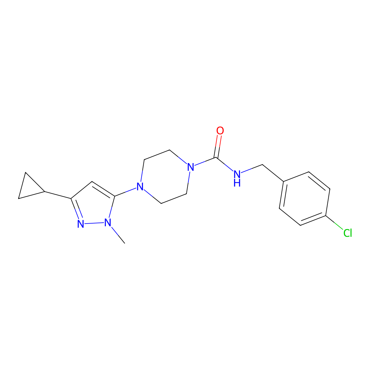 N-(4-chlorobenzyl)-4-(3-cyclopropyl-1-methyl-1H-pyrazol-5-yl)piperazine-1-carboxamide molecular structure, CAS 2034503-43-8
