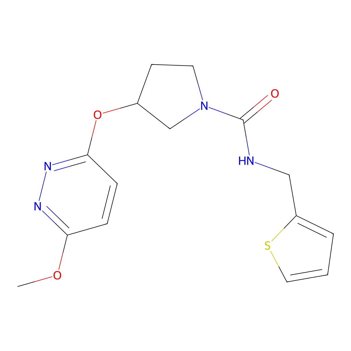 3-((6-methoxypyridazin-3-yl)oxy)-N-(thiophen-2-ylmethyl)pyrrolidine-1-carboxamide molecular structure, CAS 2034503-45-0
