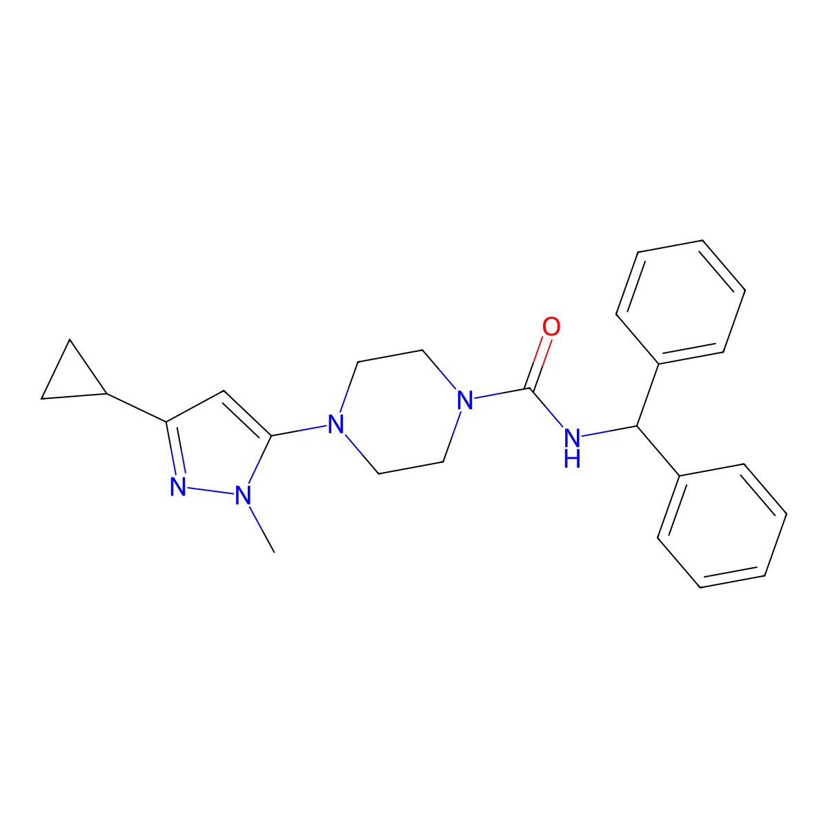 N-benzhydryl-4-(3-cyclopropyl-1-methyl-1H-pyrazol-5-yl)piperazine-1-carboxamide molecular structure, CAS 2034503-52-9