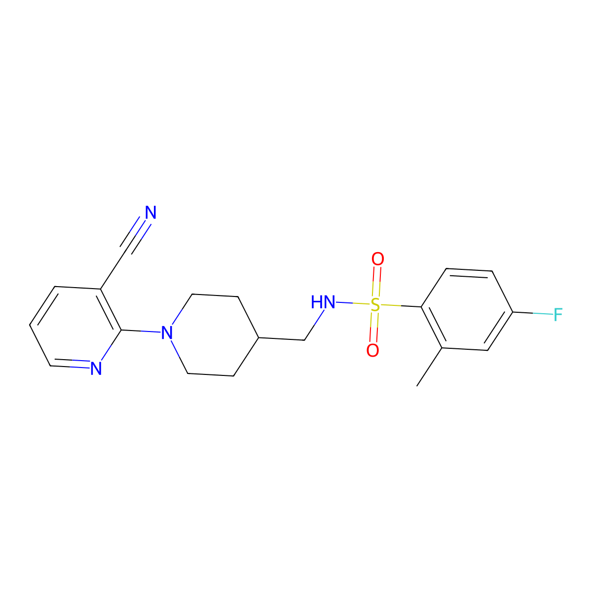 N-((1-(3-cyanopyridin-2-yl)piperidin-4-yl)methyl)-4-fluoro-2-methylbenzenesulfonamide molecular structure, CAS 2034503-86-9