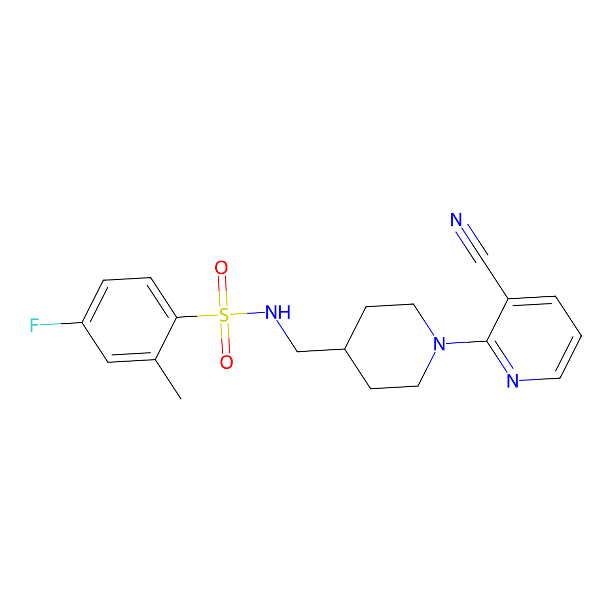 N-((1-(3-cyanopyridin-2-yl)piperidin-4-yl)methyl)-4-fluoro-2-methylbenzenesulfonamide molecular structure, CAS 2034503-86-9