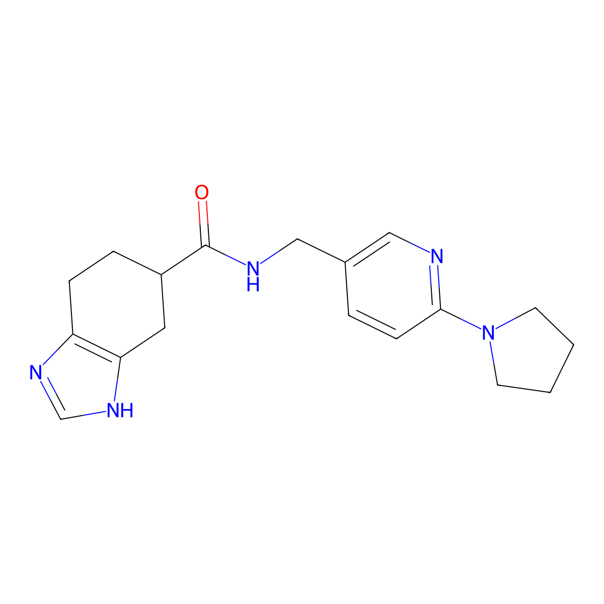 N-((6-(pyrrolidin-1-yl)pyridin-3-yl)methyl)-4,5,6,7-tetrahydro-1H-benzo[d]imidazole-5-carboxamide molecular structure, CAS 2034504-20-4