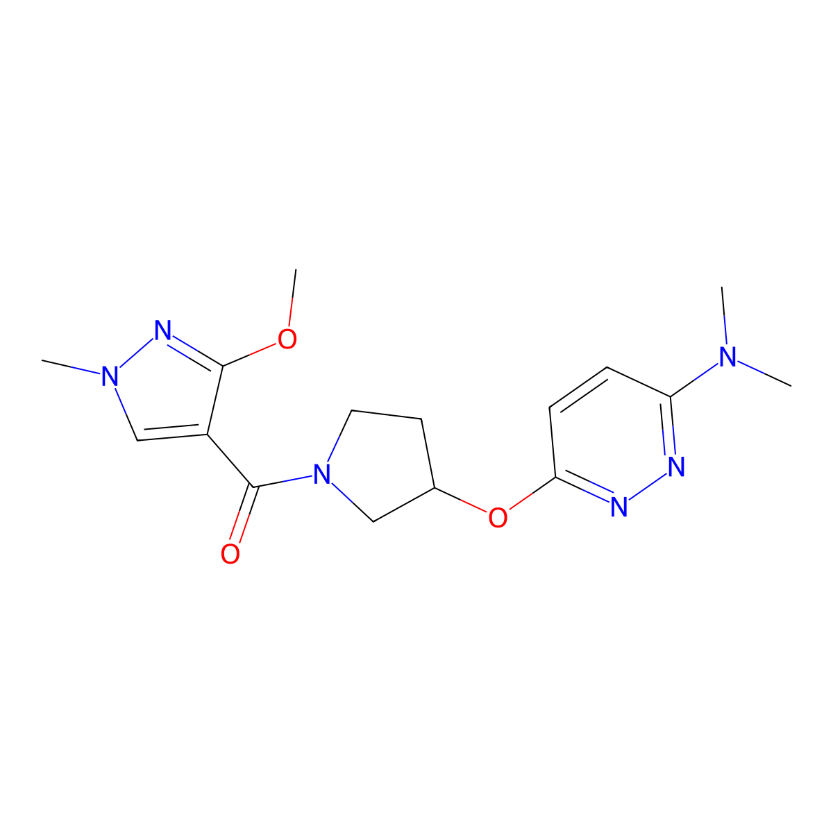(3-((6-(dimethylamino)pyridazin-3-yl)oxy)pyrrolidin-1-yl)(3-methoxy-1-methyl-1H-pyrazol-4-yl)methanone molecular structure, CAS 2034504-24-8