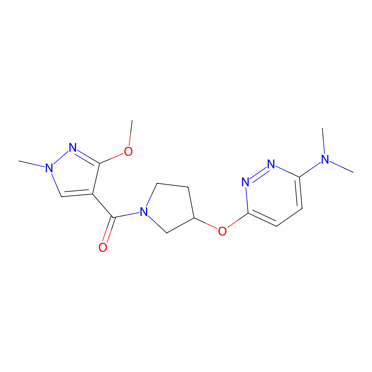 (3-((6-(dimethylamino)pyridazin-3-yl)oxy)pyrrolidin-1-yl)(3-methoxy-1-methyl-1H-pyrazol-4-yl)methanone molecular structure, CAS 2034504-24-8