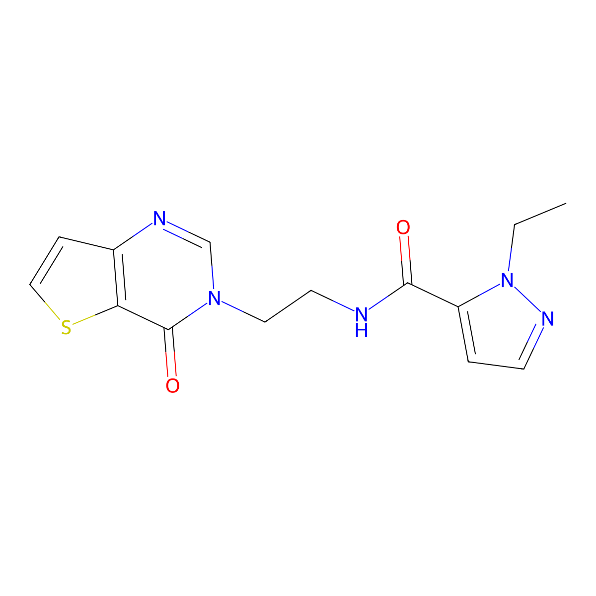 1-ethyl-N-(2-(4-oxothieno[3,2-d]pyrimidin-3(4H)-yl)ethyl)-1H-pyrazole-5-carboxamide molecular structure, CAS 2034504-41-9