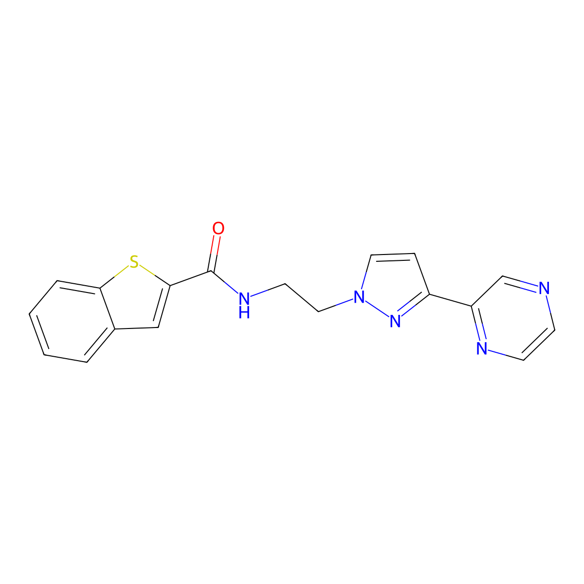 N-(2-(3-(pyrazin-2-yl)-1H-pyrazol-1-yl)ethyl)benzo[b]thiophene-2-carboxamide molecular structure, CAS 2034504-45-3