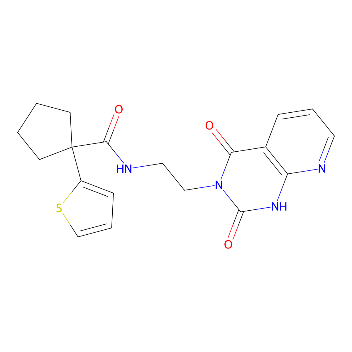 N-(2-(2,4-dioxo-1,2-dihydropyrido[2,3-d]pyrimidin-3(4H)-yl)ethyl)-1-(thiophen-2-yl)cyclopentanecarboxamide molecular structure, CAS 2034504-50-0