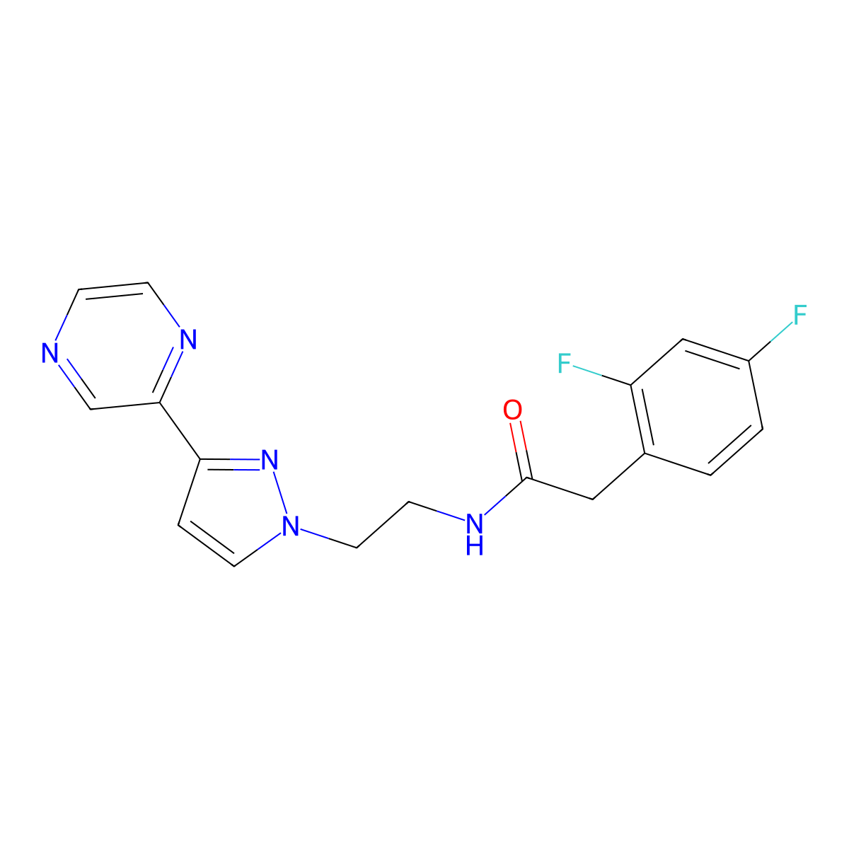 2-(2,4-difluorophenyl)-N-(2-(3-(pyrazin-2-yl)-1H-pyrazol-1-yl)ethyl)acetamide molecular structure, CAS 2034504-64-6