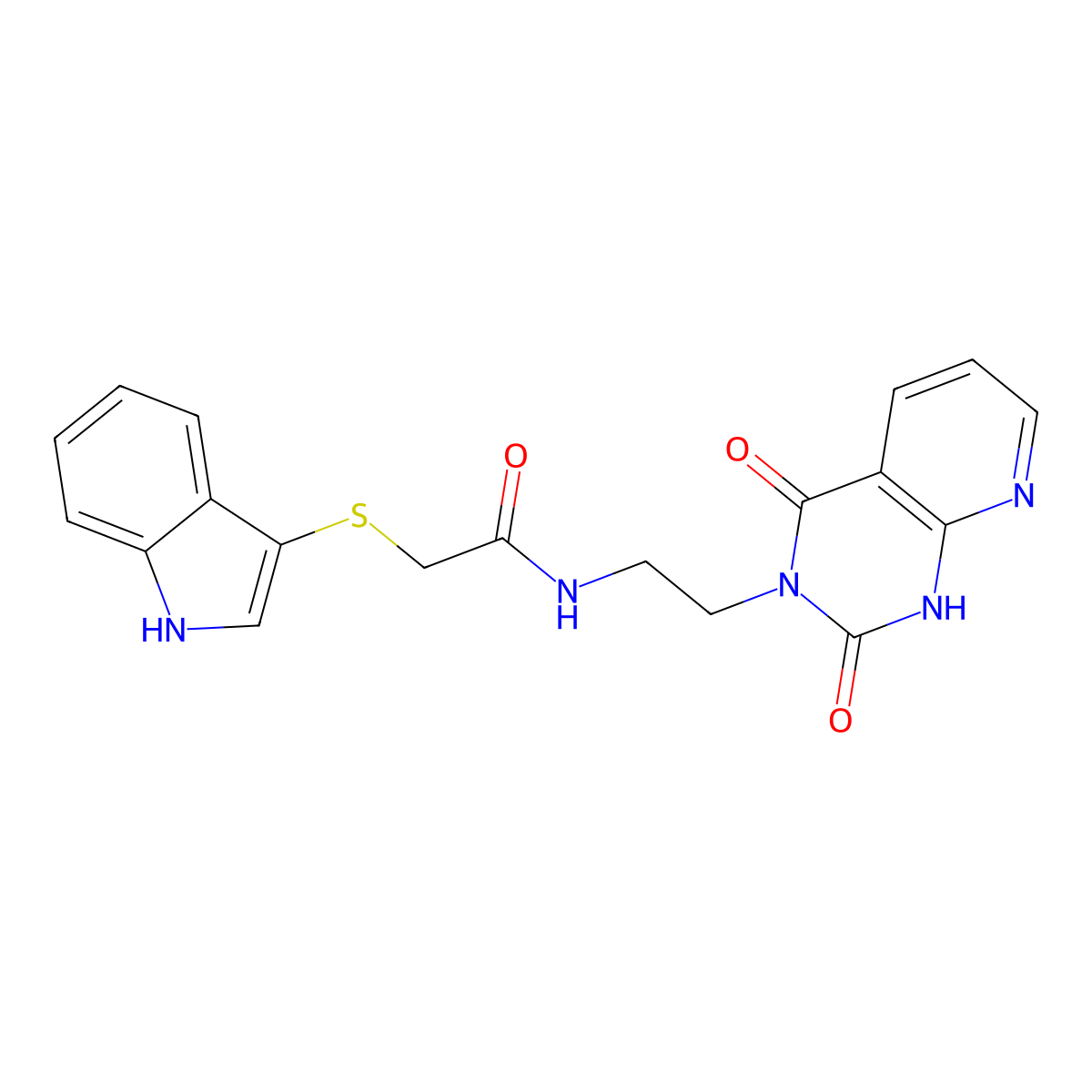 2-((1H-indol-3-yl)thio)-N-(2-(2,4-dioxo-1,2-dihydropyrido[2,3-d]pyrimidin-3(4H)-yl)ethyl)acetamide molecular structure, CAS 2034504-69-1