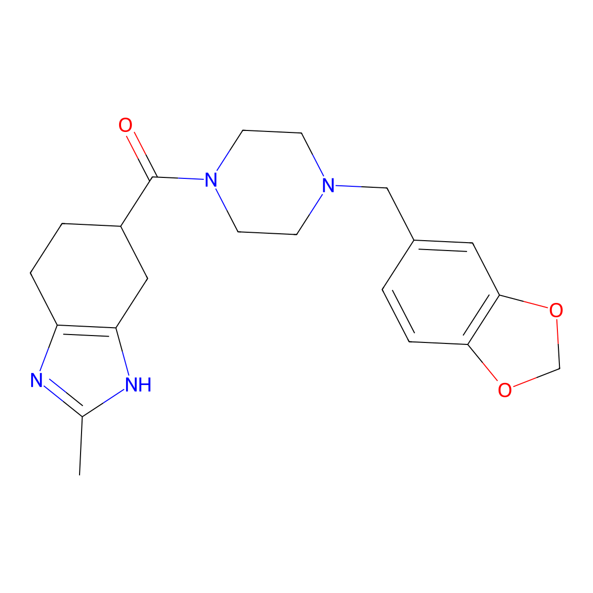 (4-(benzo[d][1,3]dioxol-5-ylmethyl)piperazin-1-yl)(2-methyl-4,5,6,7-tetrahydro-1H-benzo[d]imidazol-5-yl)methanone molecular structure, CAS 2034504-92-0