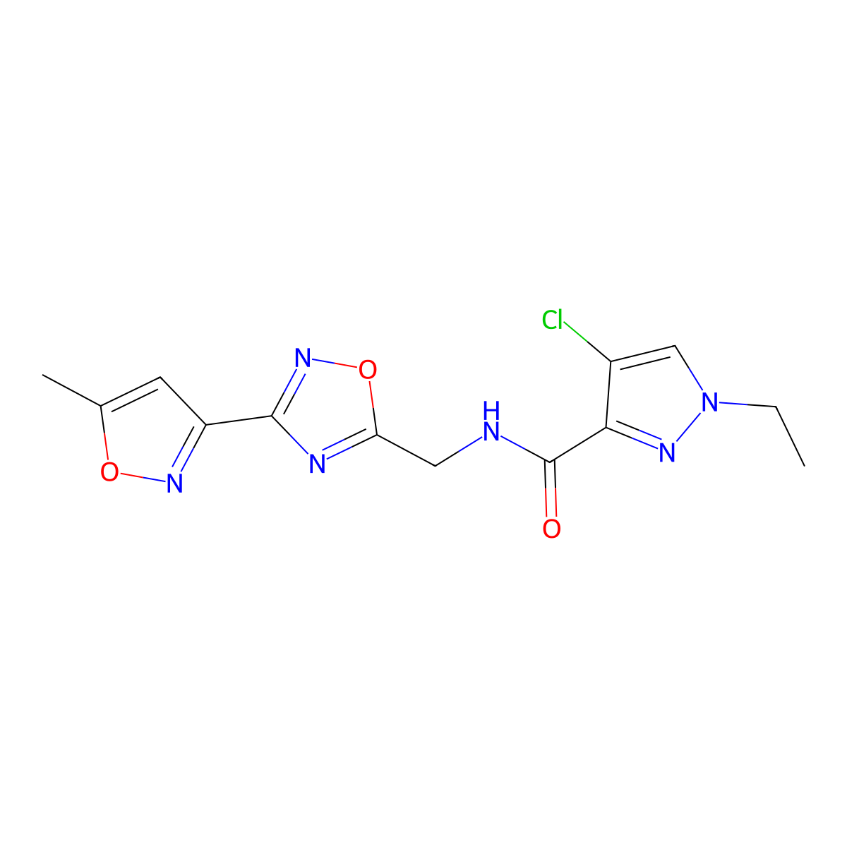 4-chloro-1-ethyl-N-((3-(5-methylisoxazol-3-yl)-1,2,4-oxadiazol-5-yl)methyl)-1H-pyrazole-3-carboxamide molecular structure, CAS 2034505-01-4
