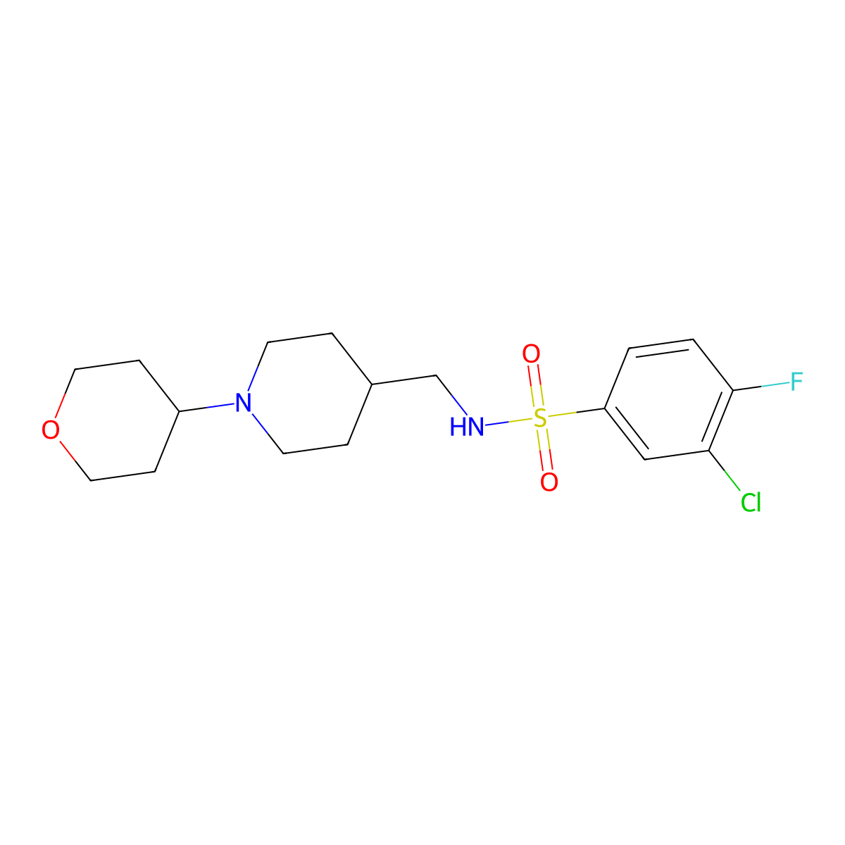 3-chloro-4-fluoro-N-((1-(tetrahydro-2H-pyran-4-yl)piperidin-4-yl)methyl)benzenesulfonamide molecular structure, CAS 2034505-03-6