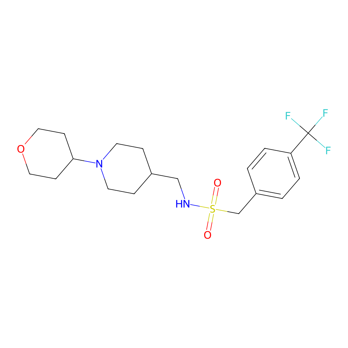 N-((1-(tetrahydro-2H-pyran-4-yl)piperidin-4-yl)methyl)-1-(4-(trifluoromethyl)phenyl)methanesulfonamide molecular structure, CAS 2034505-22-9