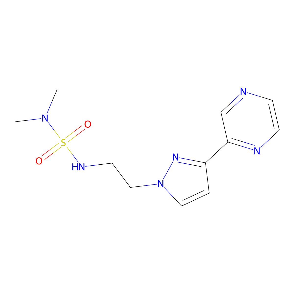 dimethyl({2-[3-(pyrazin-2-yl)-1H-pyrazol-1-yl]ethyl}sulfamoyl)amine molecular structure, CAS 2034505-36-5