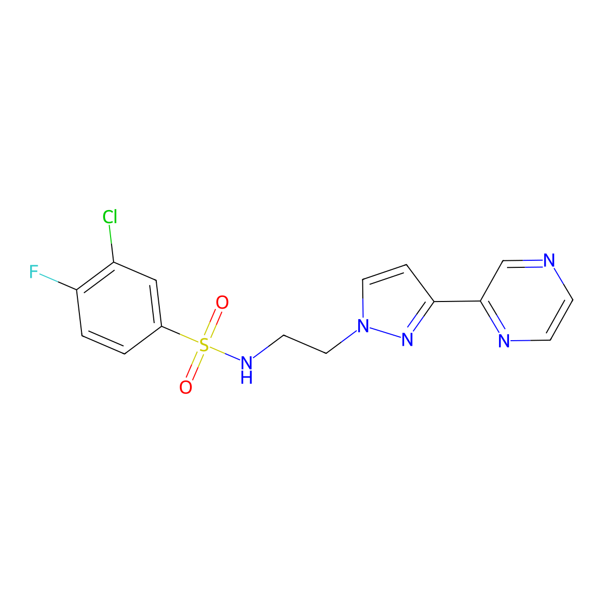 3-chloro-4-fluoro-N-(2-(3-(pyrazin-2-yl)-1H-pyrazol-1-yl)ethyl)benzenesulfonamide molecular structure, CAS 2034505-42-3