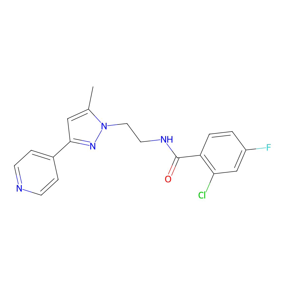 2-chloro-4-fluoro-N-{2-[5-methyl-3-(pyridin-4-yl)-1H-pyrazol-1-yl]ethyl}benzamide molecular structure, CAS 2034505-43-4