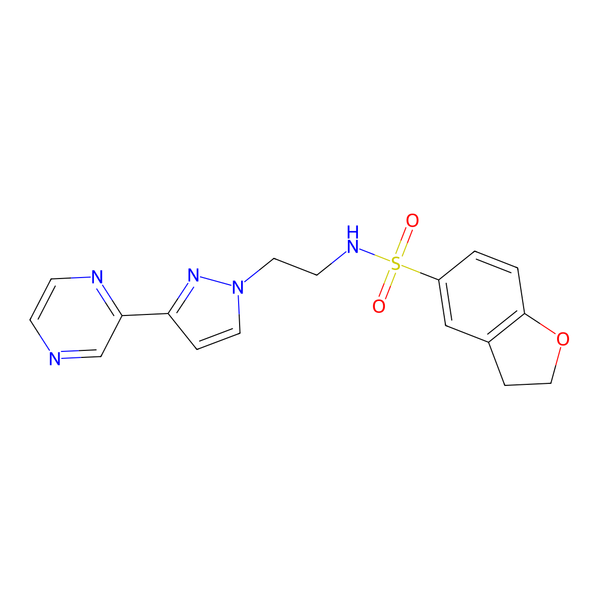 N-(2-(3-(pyrazin-2-yl)-1H-pyrazol-1-yl)ethyl)-2,3-dihydrobenzofuran-5-sulfonamide molecular structure, CAS 2034505-47-8