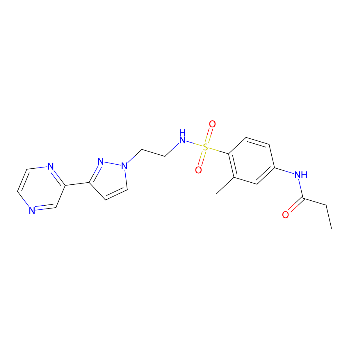 N-(3-methyl-4-(N-(2-(3-(pyrazin-2-yl)-1H-pyrazol-1-yl)ethyl)sulfamoyl)phenyl)propionamide molecular structure, CAS 2034505-49-0