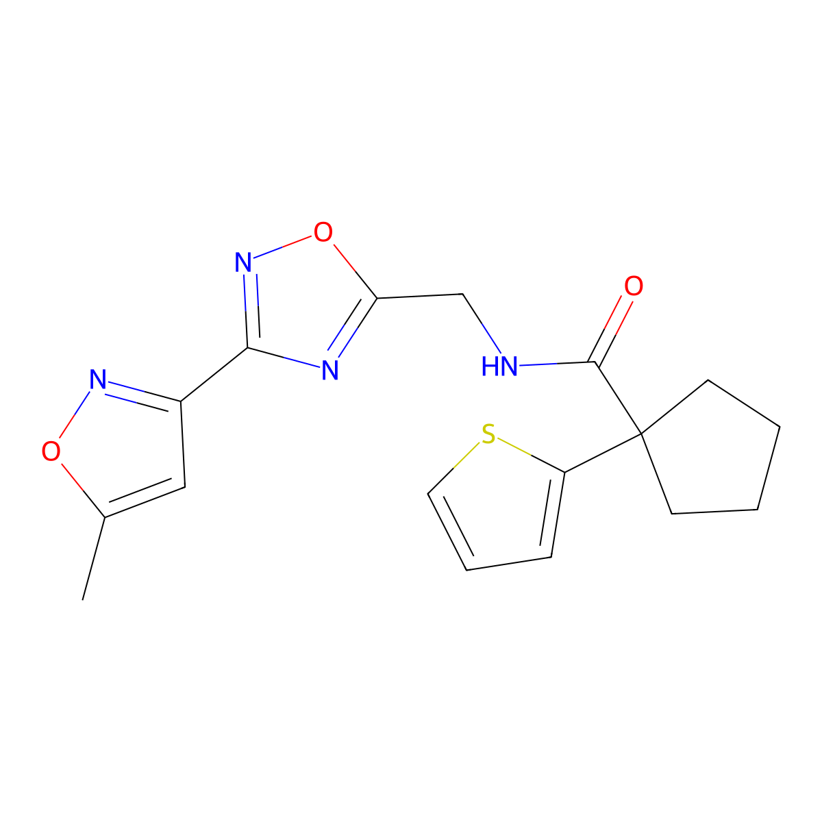 N-((3-(5-methylisoxazol-3-yl)-1,2,4-oxadiazol-5-yl)methyl)-1-(thiophen-2-yl)cyclopentanecarboxamide molecular structure, CAS 2034505-50-3
