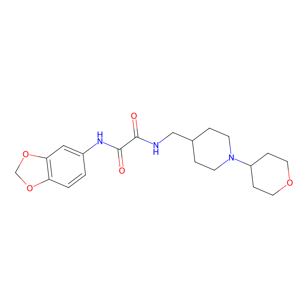 N1-(benzo[d][1,3]dioxol-5-yl)-N2-((1-(tetrahydro-2H-pyran-4-yl)piperidin-4-yl)methyl)oxalamide molecular structure, CAS 2034505-55-8