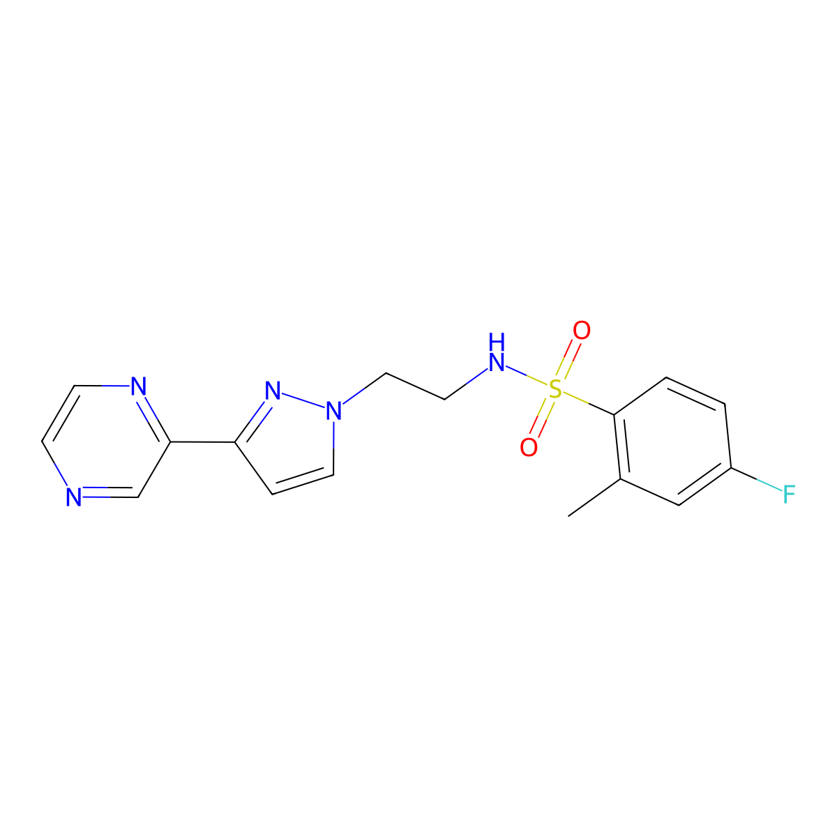 4-fluoro-2-methyl-N-(2-(3-(pyrazin-2-yl)-1H-pyrazol-1-yl)ethyl)benzenesulfonamide molecular structure, CAS 2034505-67-2