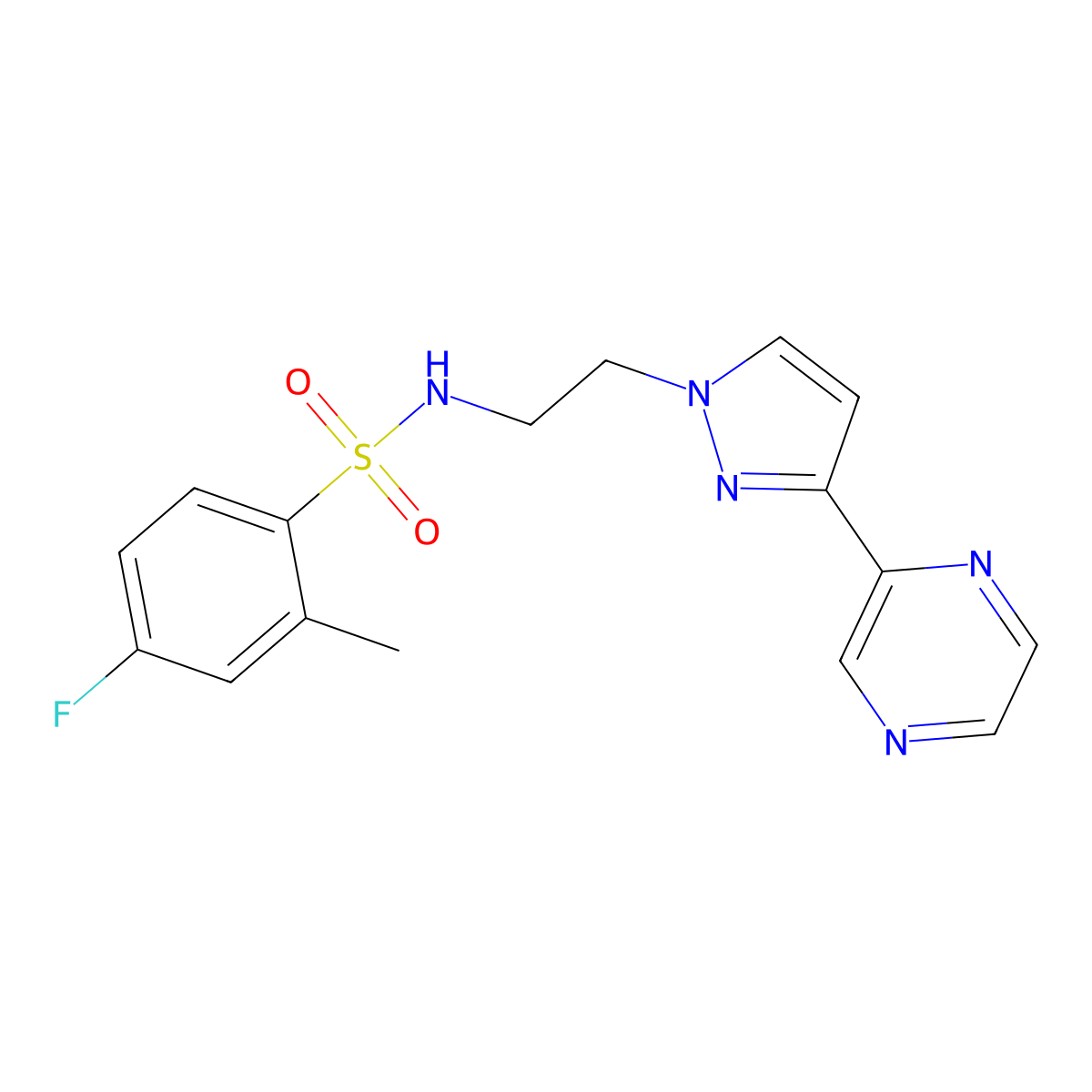 4-fluoro-2-methyl-N-(2-(3-(pyrazin-2-yl)-1H-pyrazol-1-yl)ethyl)benzenesulfonamide molecular structure, CAS 2034505-67-2