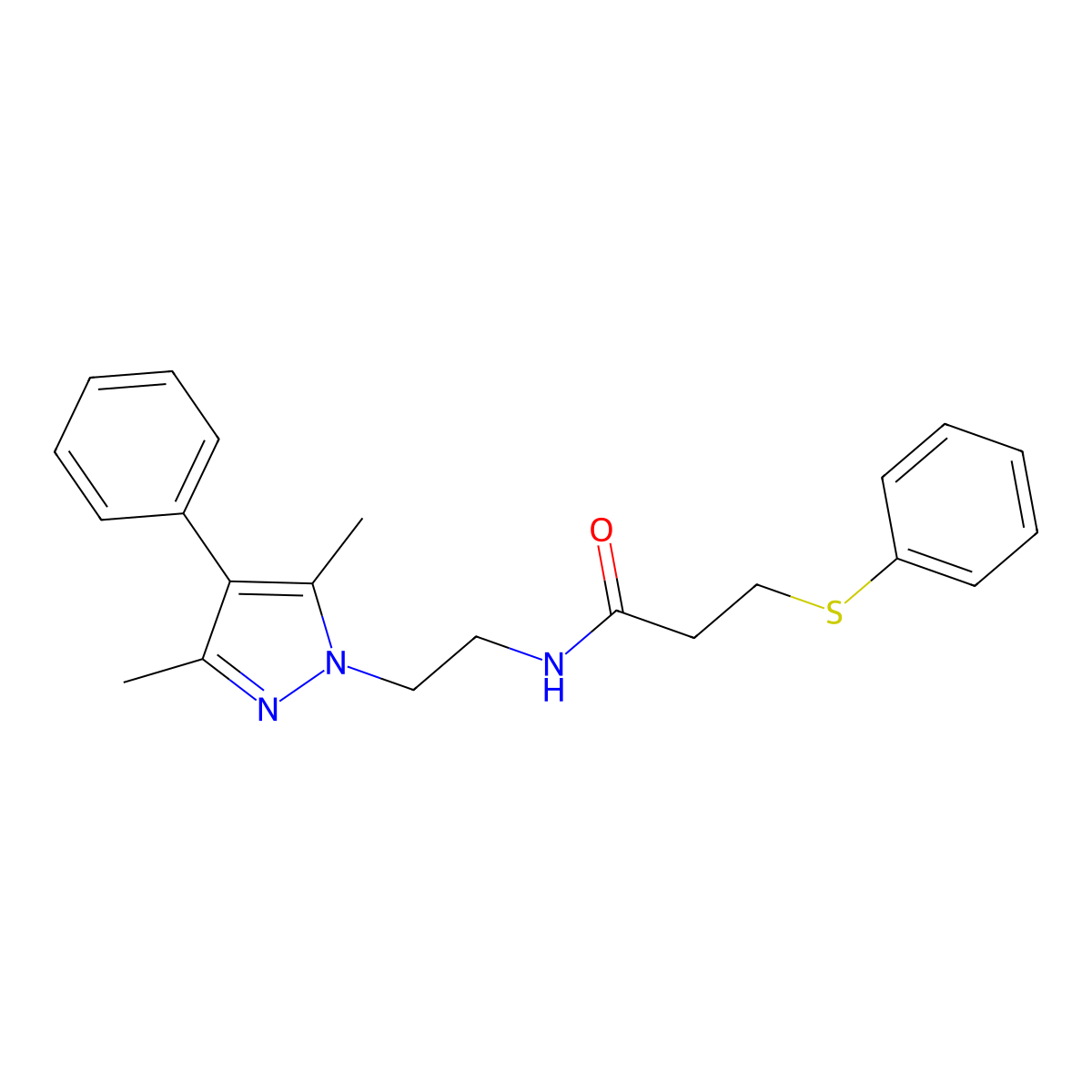 N-(2-(3,5-dimethyl-4-phenyl-1H-pyrazol-1-yl)ethyl)-3-(phenylthio)propanamide molecular structure, CAS 2034505-80-9