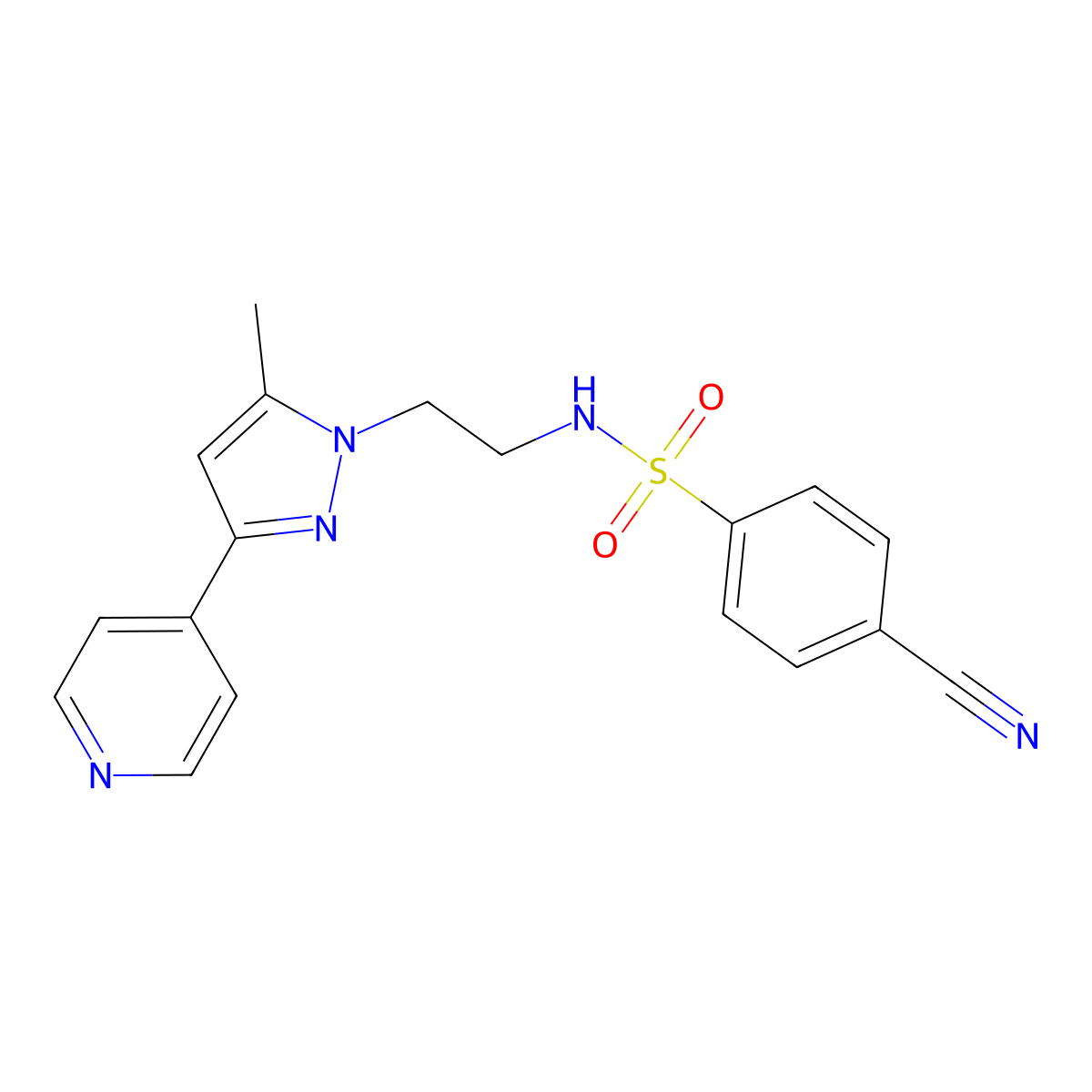 4-cyano-N-(2-(5-methyl-3-(pyridin-4-yl)-1H-pyrazol-1-yl)ethyl)benzenesulfonamide molecular structure, CAS 2034505-81-0