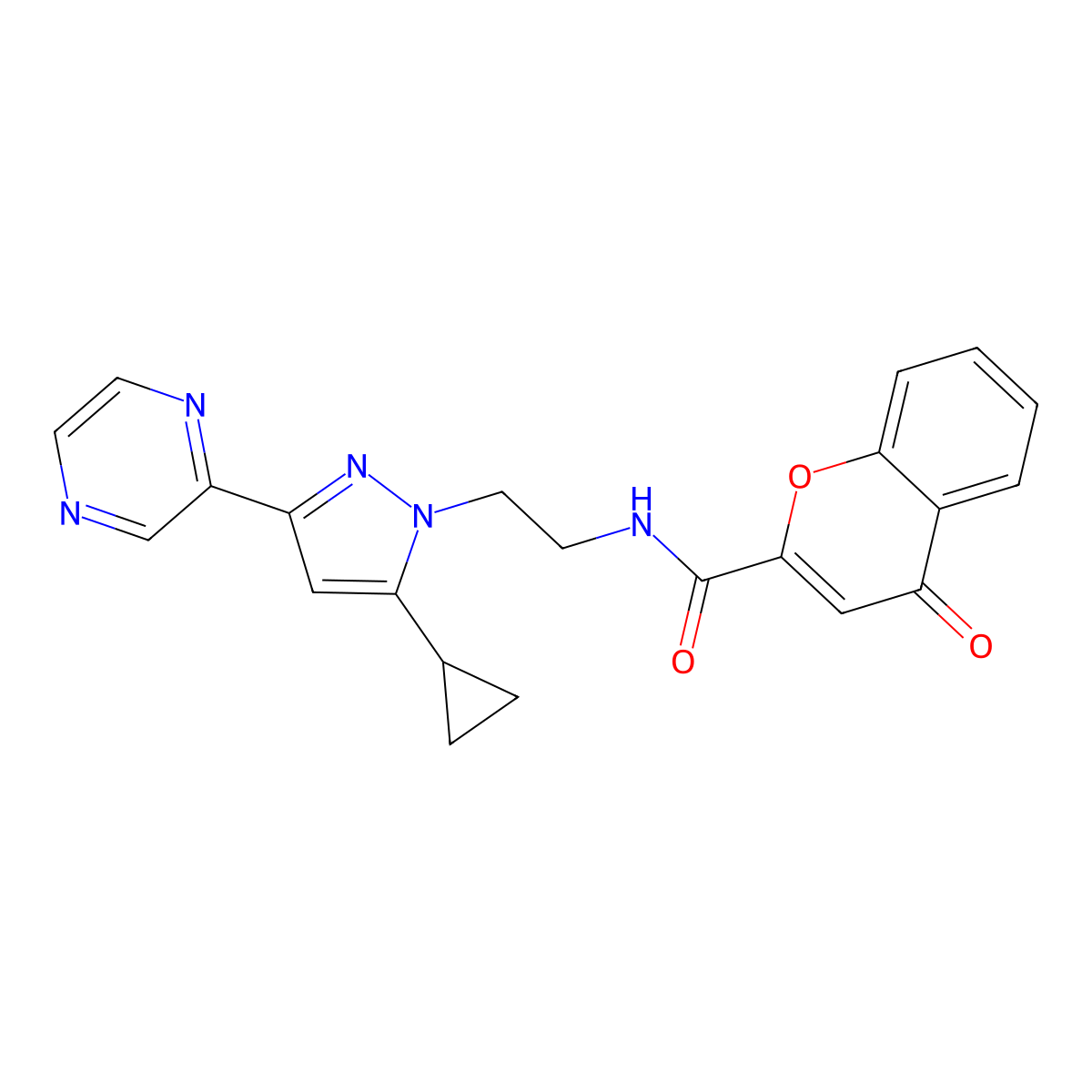 N-{2-[5-cyclopropyl-3-(pyrazin-2-yl)-1H-pyrazol-1-yl]ethyl}-4-oxo-4H-chromene-2-carboxamide molecular structure, CAS 2034505-86-5