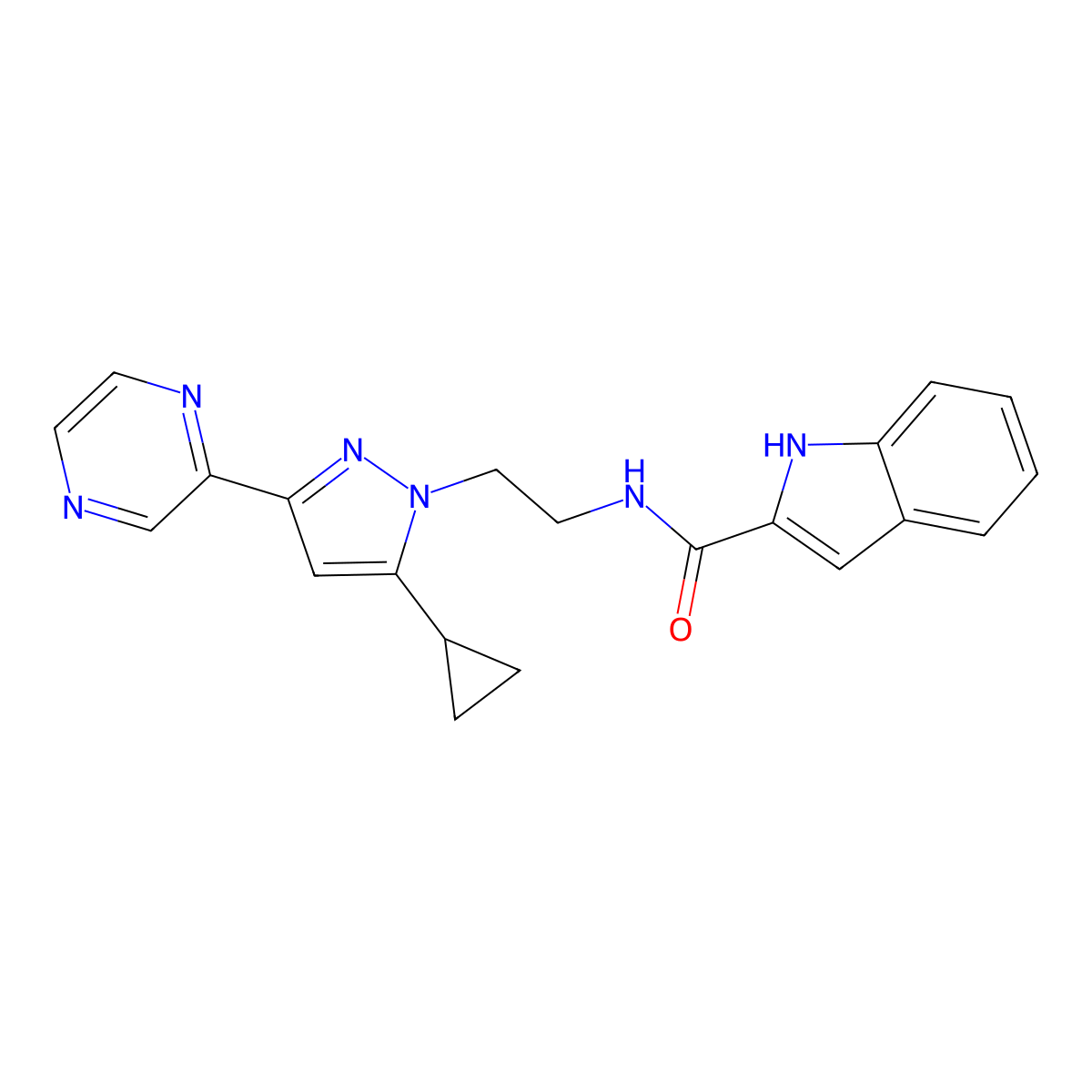 N-{2-[5-cyclopropyl-3-(pyrazin-2-yl)-1H-pyrazol-1-yl]ethyl}-1H-indole-2-carboxamide molecular structure, CAS 2034505-97-8