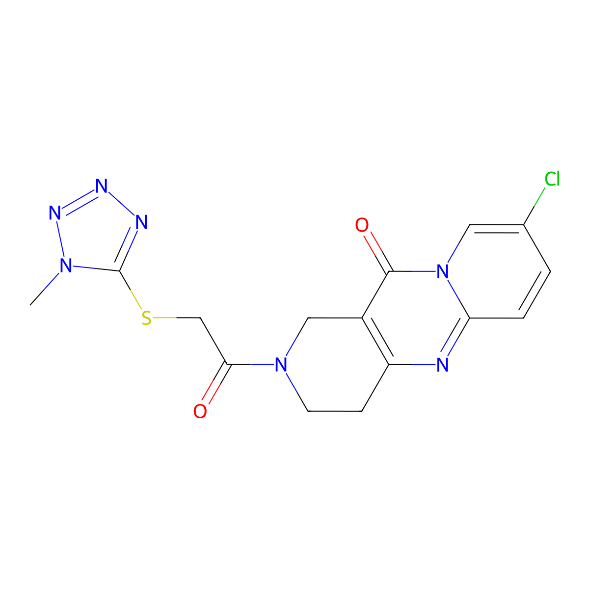 8-chloro-2-(2-((1-methyl-1H-tetrazol-5-yl)thio)acetyl)-3,4-dihydro-1H-dipyrido[1,2-a:4',3'-d]pyrimidin-11(2H)-one molecular structure, CAS 2034505-98-9