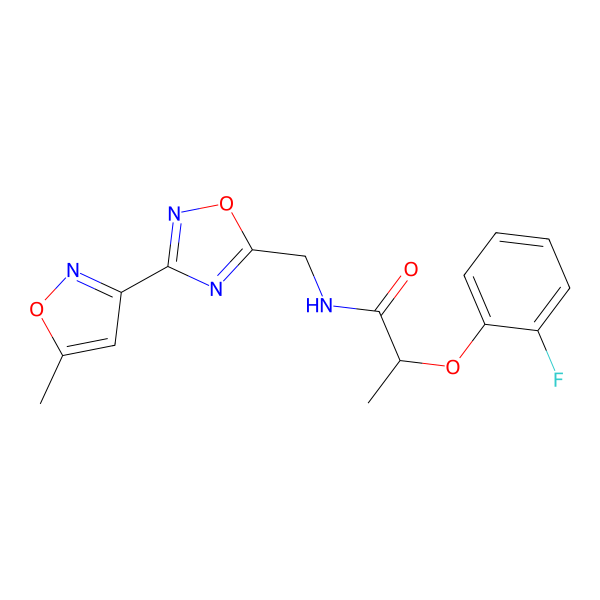 2-(2-fluorophenoxy)-N-((3-(5-methylisoxazol-3-yl)-1,2,4-oxadiazol-5-yl)methyl)propanamide molecular structure, CAS 2034505-99-0