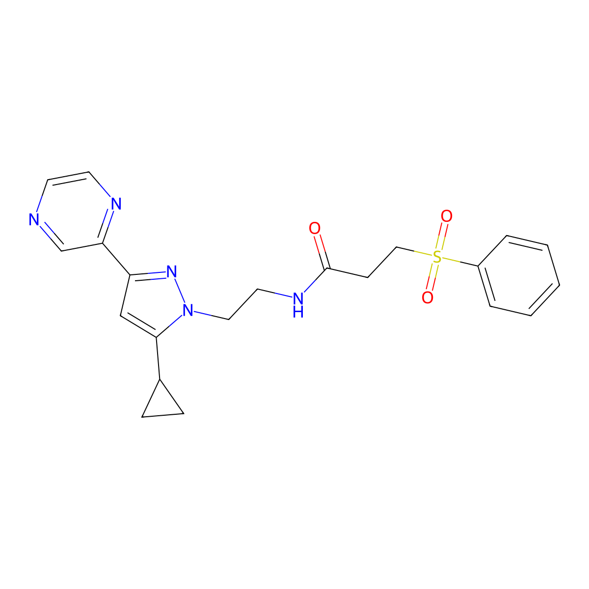 N-(2-(5-cyclopropyl-3-(pyrazin-2-yl)-1H-pyrazol-1-yl)ethyl)-3-(phenylsulfonyl)propanamide molecular structure, CAS 2034506-00-6