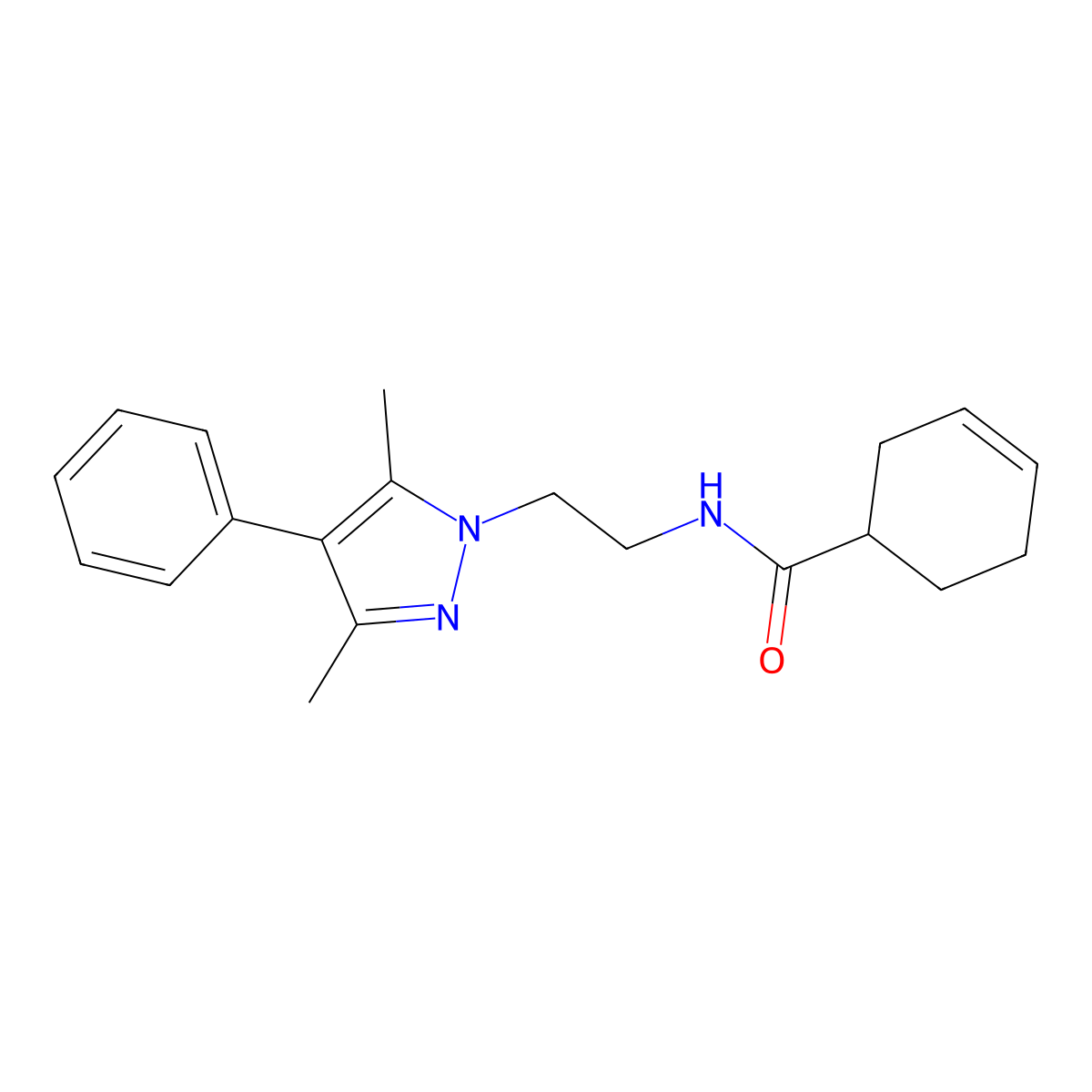 N-(2-(3,5-dimethyl-4-phenyl-1H-pyrazol-1-yl)ethyl)cyclohex-3-enecarboxamide molecular structure, CAS 2034506-01-7